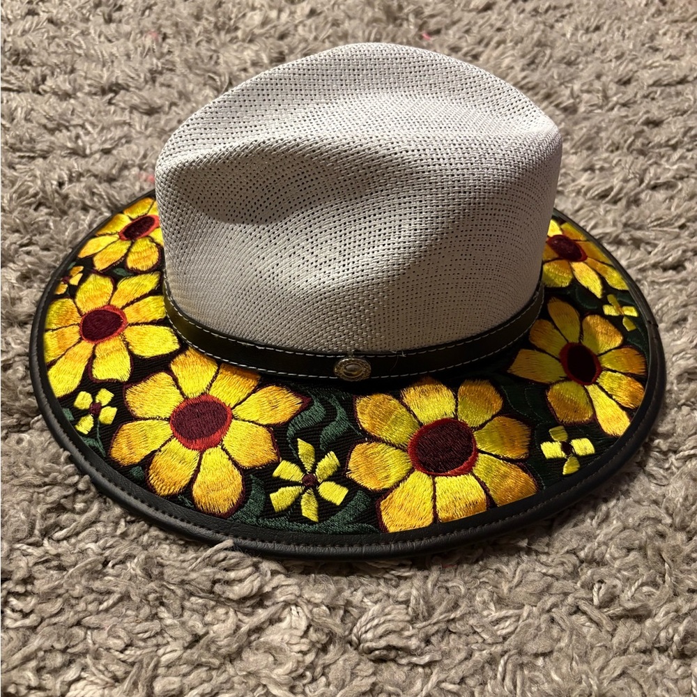 Women’s Mexican Vibrant Floral Embroidered White Hat with Yellow Flowers - Picture 2 of 4